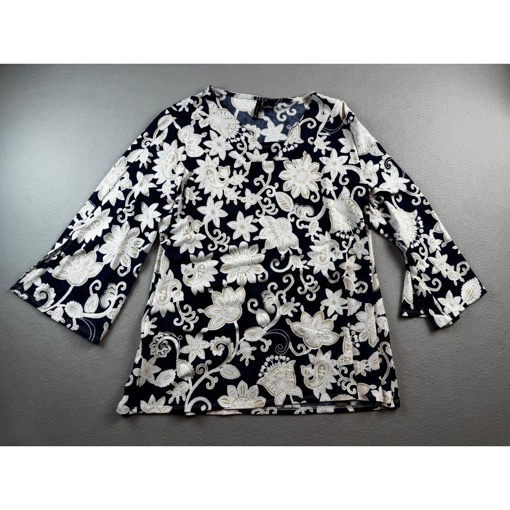 New Directions Women XL Navy Blue White Floral Paisley Bell Sleeve V-Neck Top